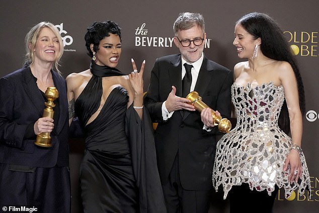 One Battle After Another led all winners with four including the aforementioned Best Picture - Comedy Or Musical gong along with Best Director and Screenplay for Paul Thomas Anderson and a surprise Best Supporting Actress win for Teyana Taylor (pictured left to right: Sara Murphy, Teyana Taylor, Paul Thomas Anderson, and Chase Infiniti)