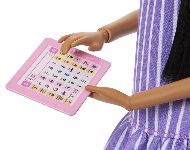 The pink tablet shows symbol-based AAC (Augmentative and Alternative Communication) on its screen, serving as a tool to help with everyday interactions