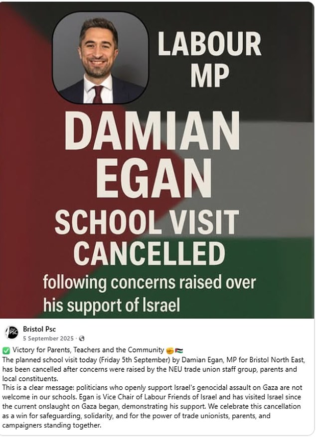 The Bristol Palestine Solidarity Campaign boasted about the cancellation of the Labour MPs visit to the school