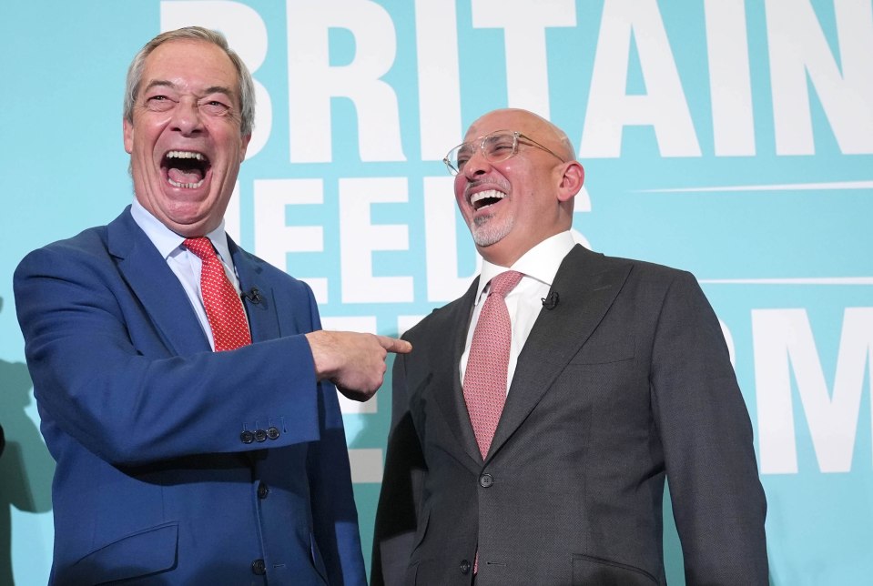 Nigel Farage and Nadhim Zahawi laughing at a Reform UK press conference.