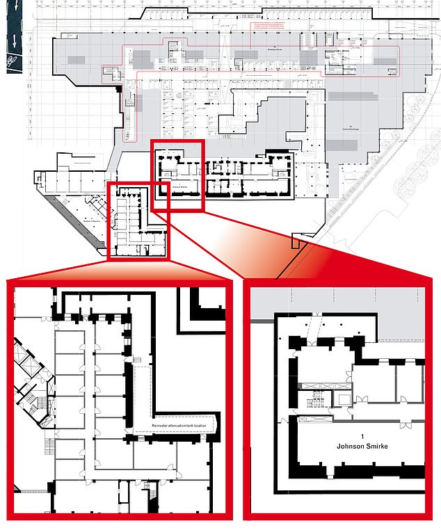 The Mail on Sunday revealed that planning documents for the embassy included 'spy dungeons' (highlighted in red above) - two suites of basement rooms and a tunnel, with their purpose redacted for security reasons
