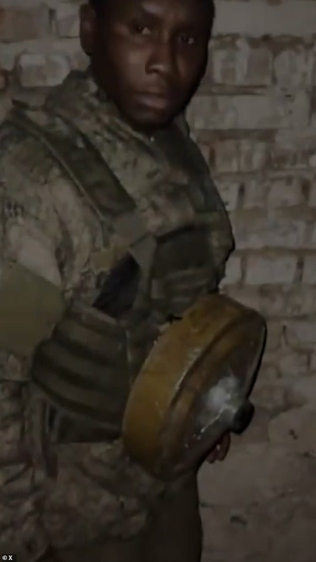 One video of a black soldier shows him with what appears to be a landmine strapped to his chest, while being forced to act as a human bomb against Ukraine's defences