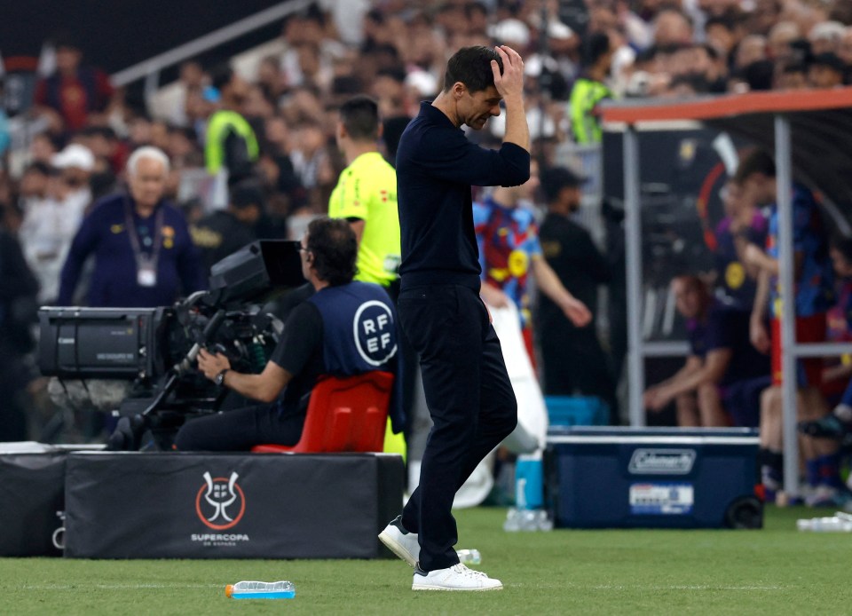 Real Madrid coach Xabi Alonso reacts during the Spanish Super Cup final.