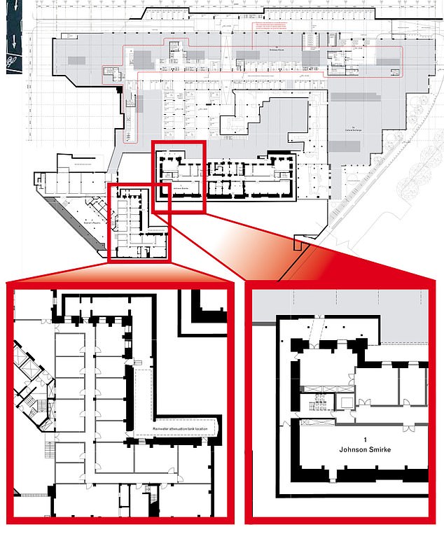 The Mail on Sunday revealed that planning documents for the embassy included 'spy dungeons' (highlighted in red above) - two suites of basement rooms and a tunnel, with their purpose redacted for security reasons
