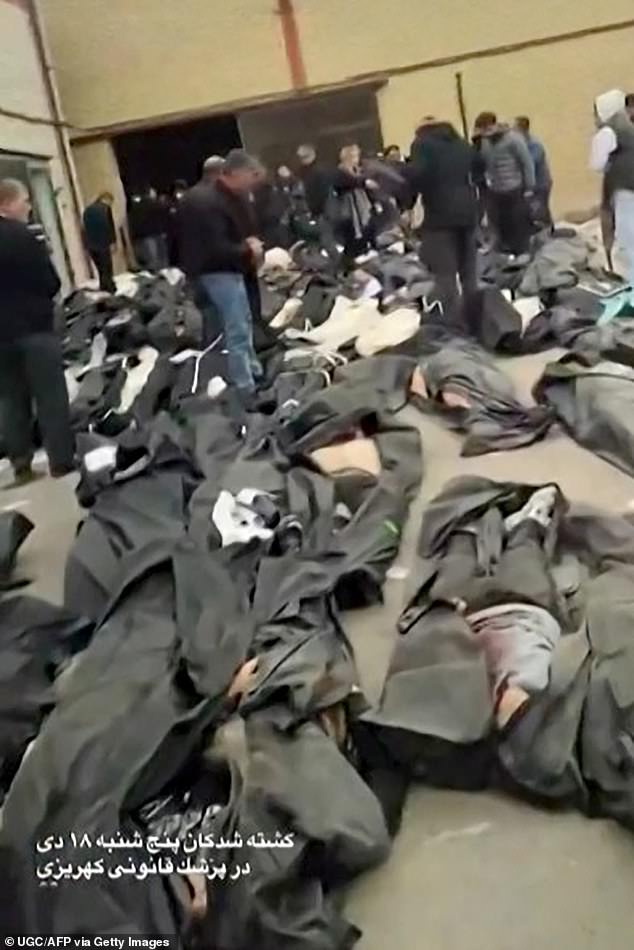 The courtyard of the Forensic Diagnostic and Laboratory Centre of Tehran Province in Kahrizak on January 12, 2026, with dozens of bodies in body bags laid out for family members