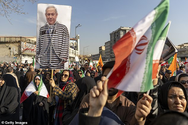 People hold placards and wave flags during a pro-government demonstration on January 12, 2026