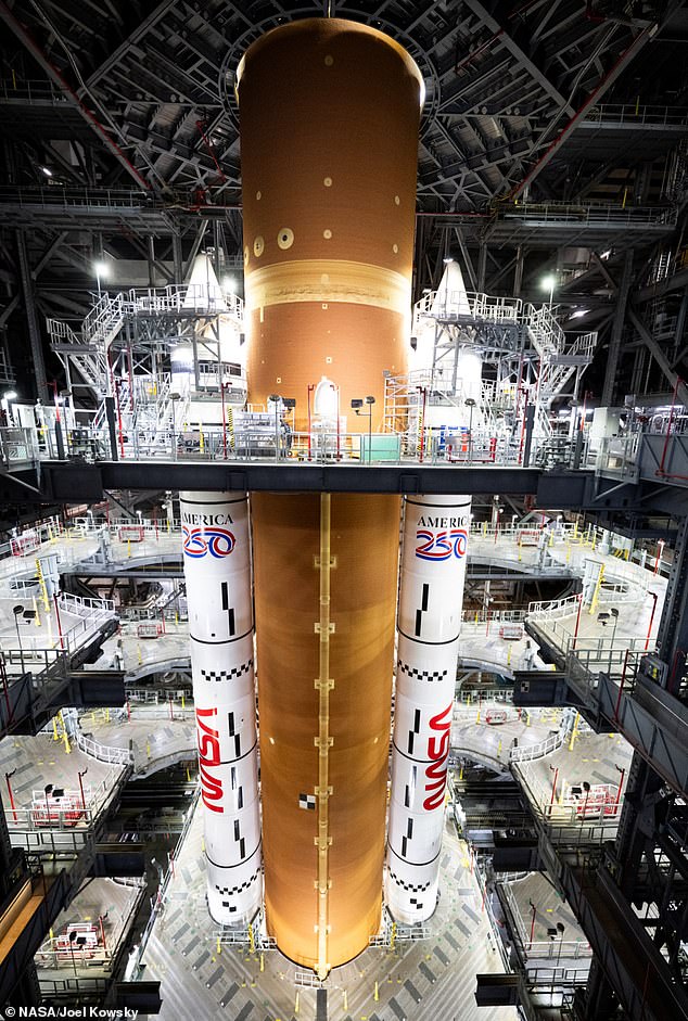 NASA’s SLS (Space Launch System) rocket, which will carry the Artemis II spacecraft, is seen inside High Bay 3 of the Vehicle Assembly Building at NASA’s Kennedy Space Center in Florida