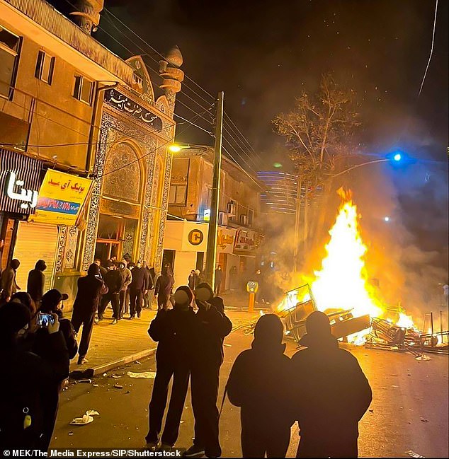 Debris set alight by protesters in the northern city of Gorgan on January 10