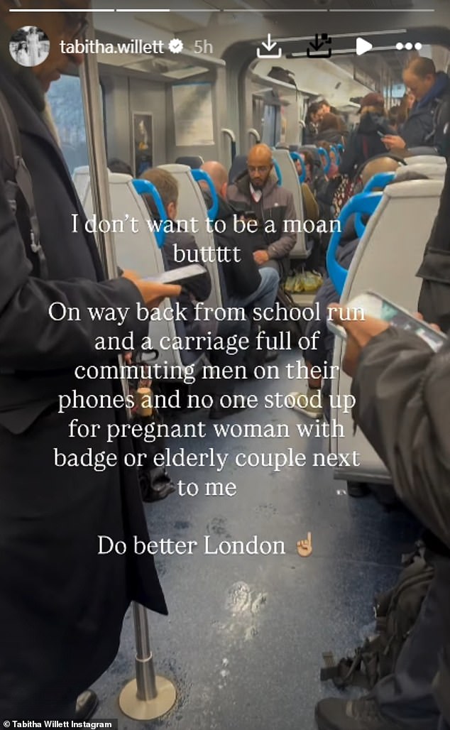 The Made In Chelsea star, 34, who is expecting her second child, took to Instagram to share a short video of a busy train showing a number of people sitting and standing on their phones