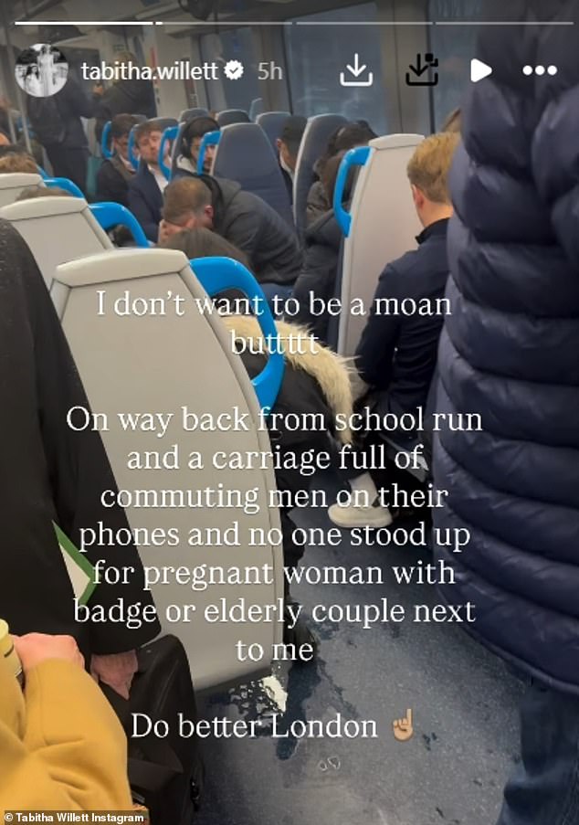 She wrote: 'On the way back from the school run and a carriage full of men on their phones an no one stood up for a pregnant woman with badge or elderly couple next to me. Do better'