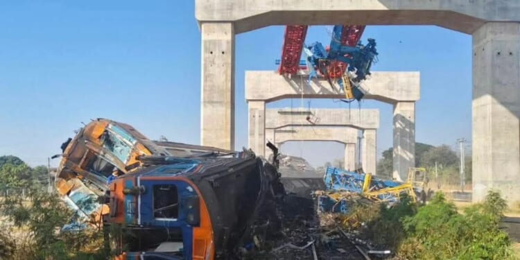 At least 19 dead and 50 injured after a collapsed crane smashes through a moving train in Thailand