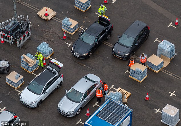 A bottled water distribution point in East Grinstead on Monday