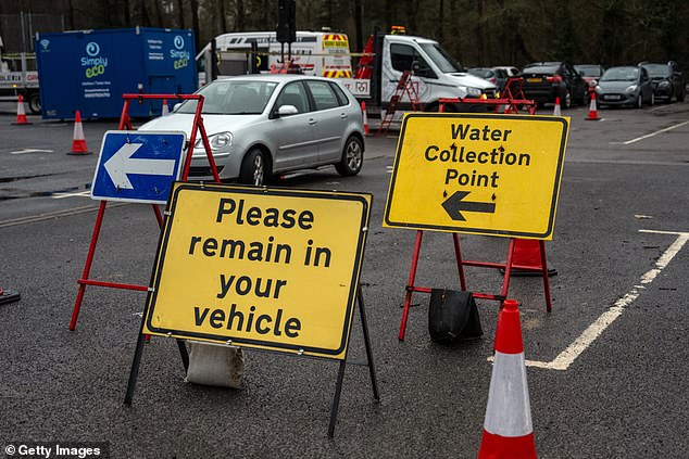 Traffic signs at a water collection point in East Grinstead