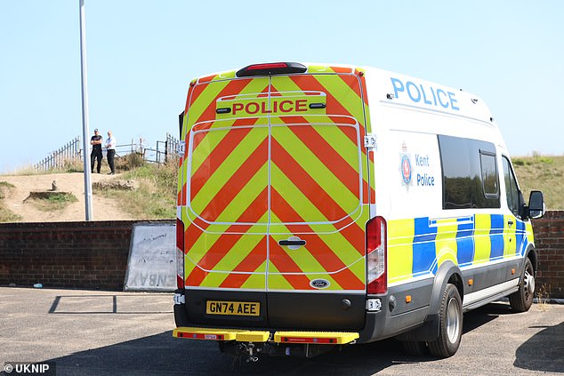 The incident happened in Leysdown-on-Sea, on the Isle of Sheppey, Kent. Pictured: Police at the scene following Mr Cashford's death on August 10, 2025