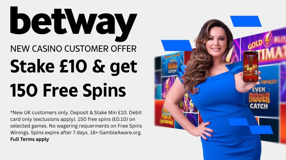 Betway casino offer: Stake £10, get 150 free spins.  UK customers only.  Terms apply.