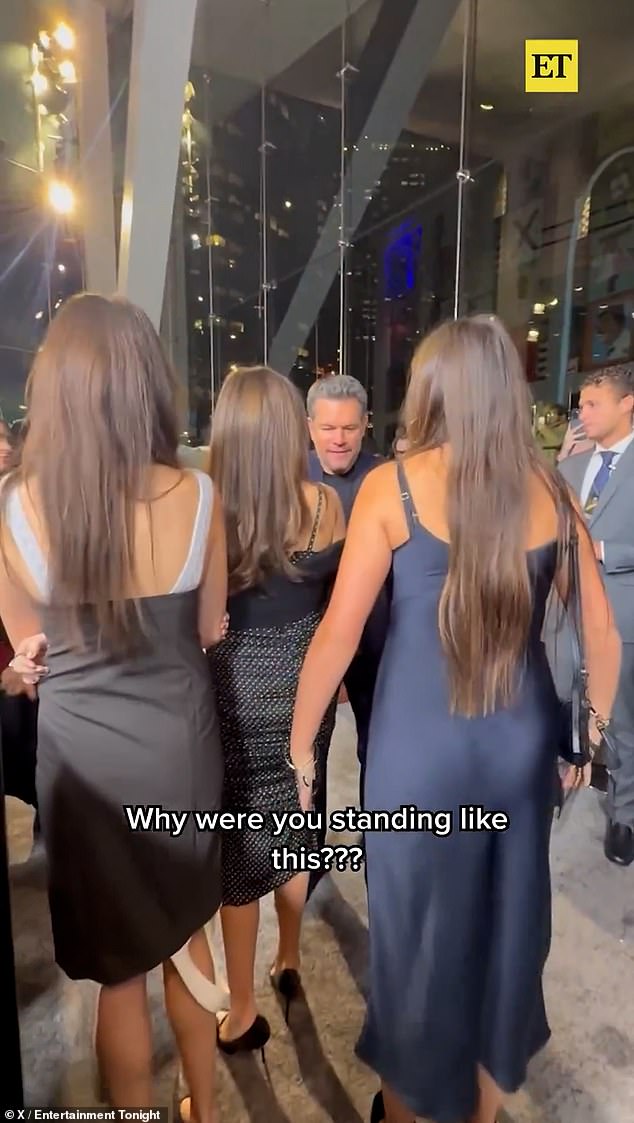 But Matt's body posture drew ridicule from daughter Gia, who imitated him by hunching forward and dramatically flaring her arms out to the sides as she asked 'Why are you standing like this?'