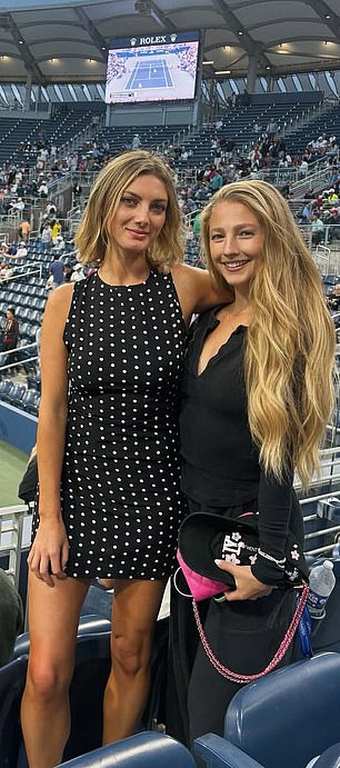 Thoms (right) poses with a friend at a tennis tournament