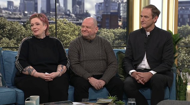 Struggling to hold back tears, Sam paid tribute to her 'cheeky, funny, chatty' son, as she recounted spotting early signs at her wedding to Andre's step-dad Alistair, 62 (middle)