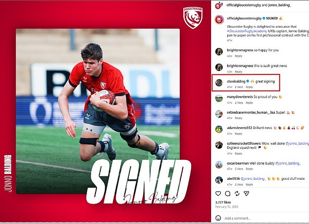 Clare congratulates her nephew Jonno on Instagram after he signs for Gloucester Rugby