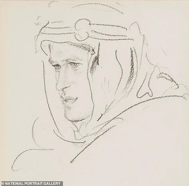Lawrence was encouraged by Emir Faisal, the future King of Iraq, to adopt the clothing of an Arab 'sherif', or royalty. Pictured is a 1918 sketch by the renowned artist Augustus John that triggered a warning