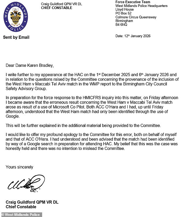 Craig Guildford's letter to the Commons Home Affairs Committee, which is dated Monday