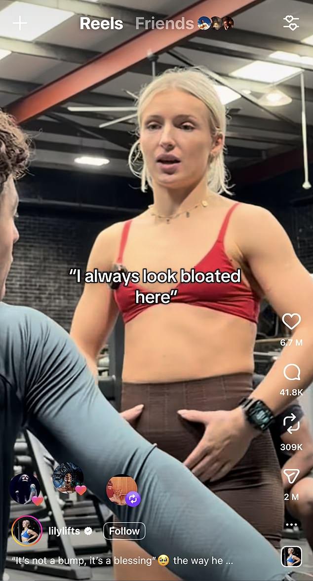 In a viral Instagram clip, fitness influencer Lilylifts laments to a male friend in the gym, gesturing to her lower belly: 'I always look bloated here¿'