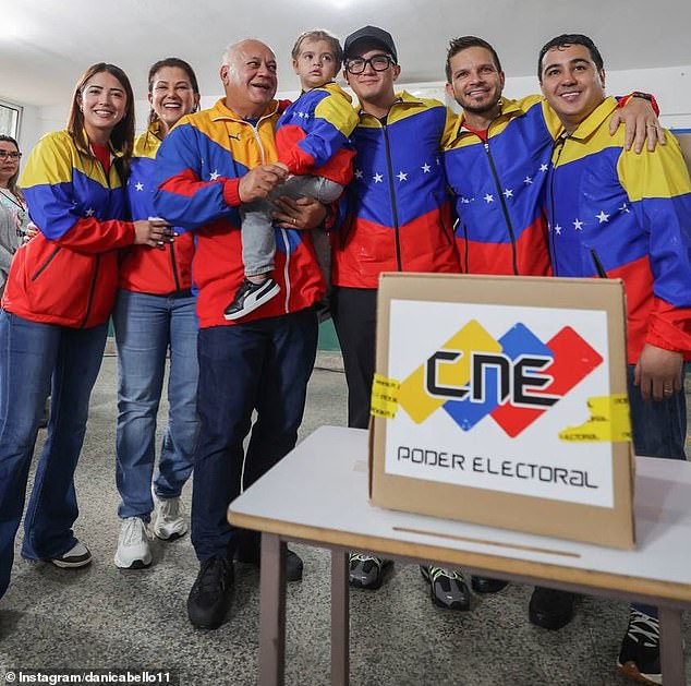 From left to right: Daniela Cabello Contreras; mother Marleny Contreras; father Diosdado Cabello (center, holding his grandson); the pop star husband of Daniela, Omar Acedo and her brother Tito Cabello Contreras