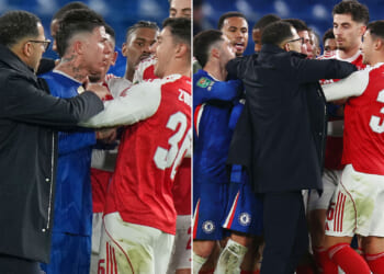 Liam Rosenior holds back Enzo Fernandez as Chelsea and Arsenal stars are involved in feisty exchange after final whistle