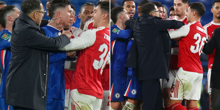 Liam Rosenior holds back Enzo Fernandez as Chelsea and Arsenal stars are involved in feisty exchange after final whistle