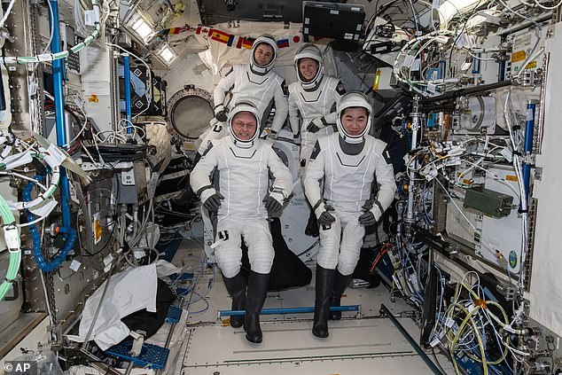 Crew-11 before leaving the ISS. Roscosmos cosmonaut Oleg Platonov (Back left), NASA astronaut Mike Fincke (Front left), JAXA astronaut Kimiya Yui (Front right), and NASA's Zena Cardman (Back right)