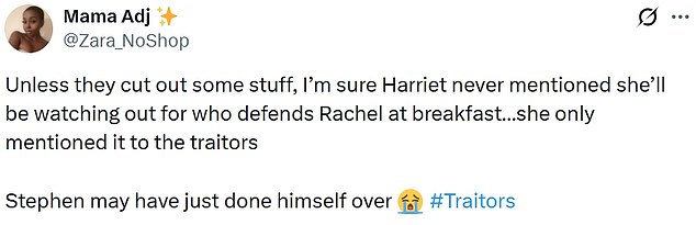 Calling out his slip up, viewers wrote: 'Unless they cut out some stuff, I'm sure Harriet never mentioned she¿ll be watching out for who defends Rachel at breakfast'