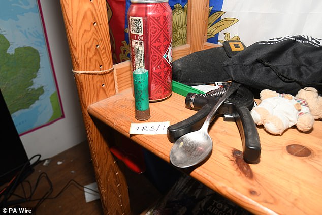 The 16-year-old was arrested in February last year at the cottage he shared with his father in Northumberland while wearing his school uniform, Leeds Crown Court was told. Pictured: A spent cartridge containing white powder found in the home