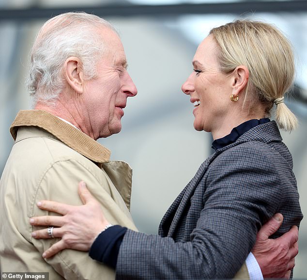 King Charles and Zara hug as they greet each other on day 3 of the Royal Windsor Horse Show at Windsor Castle on May 3, 2024