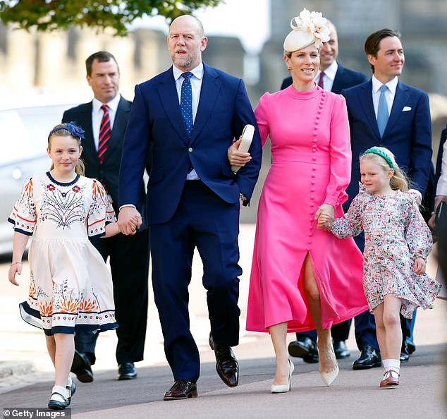 Mike, Zara and their daughters Mia Grace and Lena Elizabeth attend the traditional Easter Sunday Mattins Service at St George's Chapel, Windsor Castle on April 9, 2023