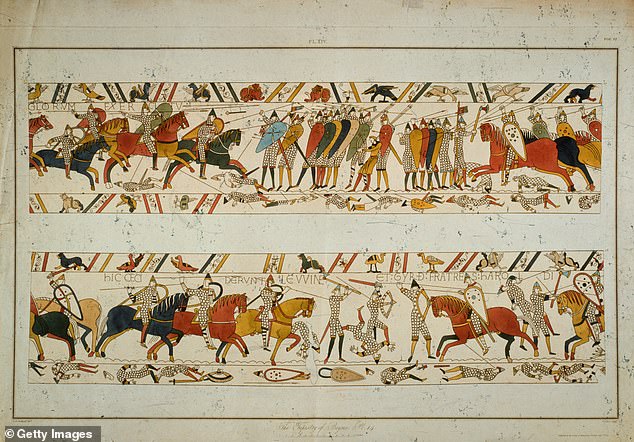 The Battle of Hastings, seen here, is a key event depicted in the tapestry's 58 scenes