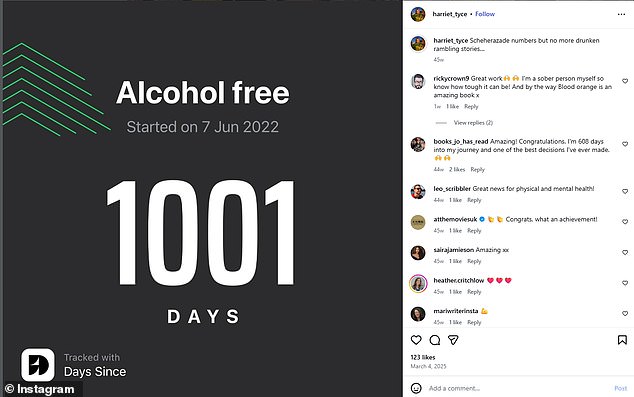 Last year she shared an image of her sober tracking as she marked 1001 days sober in March and delightly claimed: 'No more drunken rambling stories...'