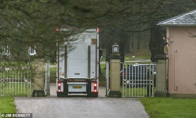 The van arrives at Royal Lodge in Windsor today as the disgraced ex-prince prepares to leave