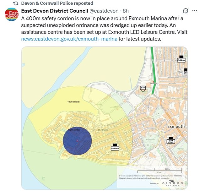 a 400 metre cordon is in place around Exmouth Marina after a device was found during routine dredging
