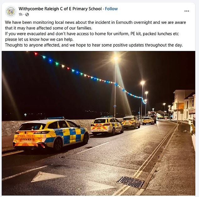 A local school in Exmouth offered PE kits and packed lunches to families who could not go home last night