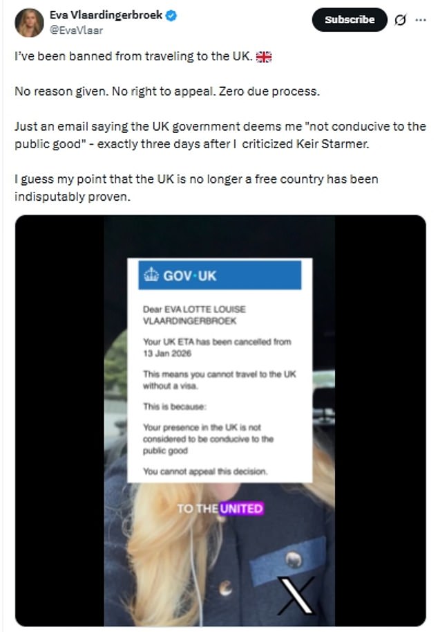 Ms Vlaardingerbroek, 29, shared the message she says she received from the Government