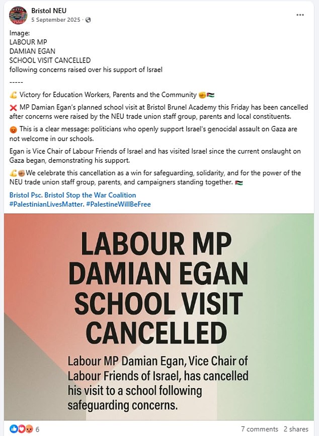 After Mr Egan's planned visit was cancelled in September, the Bristol branch of the National Education Union (NEU) hailed a 'victory for education workers, parents and the community'