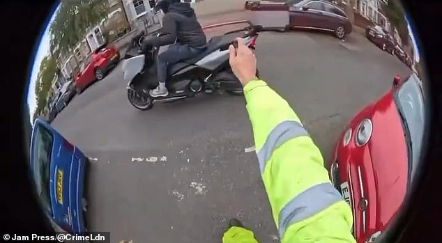 The victim eventually dismounted his bike and confronted the duo, with the pair of criminals seen speeding off