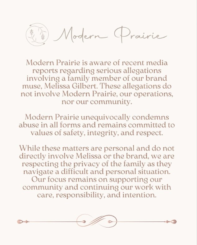 The company released a statement saying the allegations against Busfield 'do not involve Modern Prairie, our operations, nor our community'