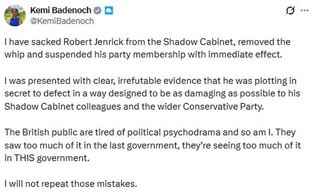 Tory leader Kemi Badenoch's statement posted on X, formerly Twitter, earlier today announcing she had sacked Robert Jenrick