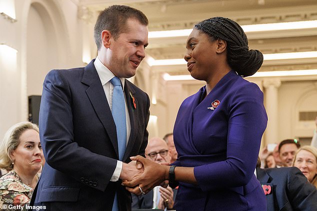 After winning the Conservative Party leadership contest on November 2, 2024, Kemi Badenoch is pictured being congratulated by Robert Jenrick