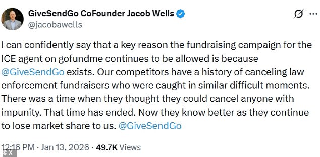 GiveSendGo co-founder Jacob Wells did confirm that all campaigns on his platform will go directly to Ross, noting that some funds from his site have already been released to the officer