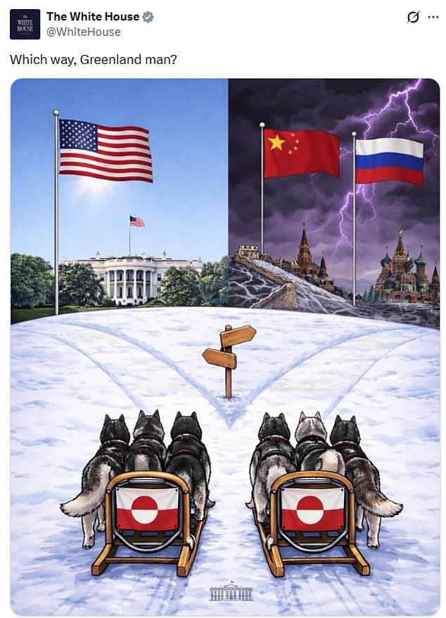 The White House taunted Greenland on X. The post refers to Trump's claims that if Washington does not act, 'China or Russia will'