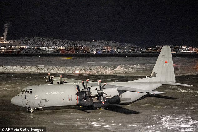A Royal Danish Air Force Lockheed C-130J Super Hercules at Nuuk international airport on January 15, 2026, the day after it arrived transporting Danish military personnel