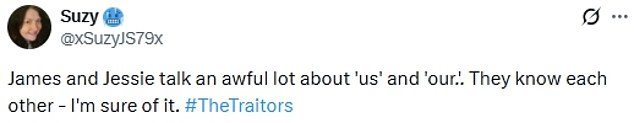 One fan spotted the comment, and wrote on social media: 'James and Jessie talk an awful lot about 'us' and 'our.'. They know each other - I'm sure of it'