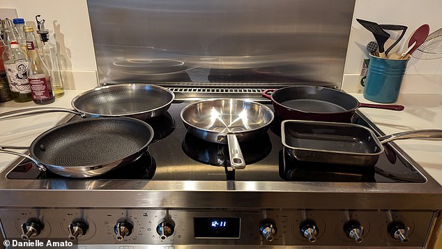 Danielle testing stainless steel and non-stick pans
